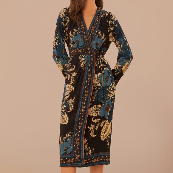 FARM Rio Blossom Tapestry Black Midi Wrap Dress